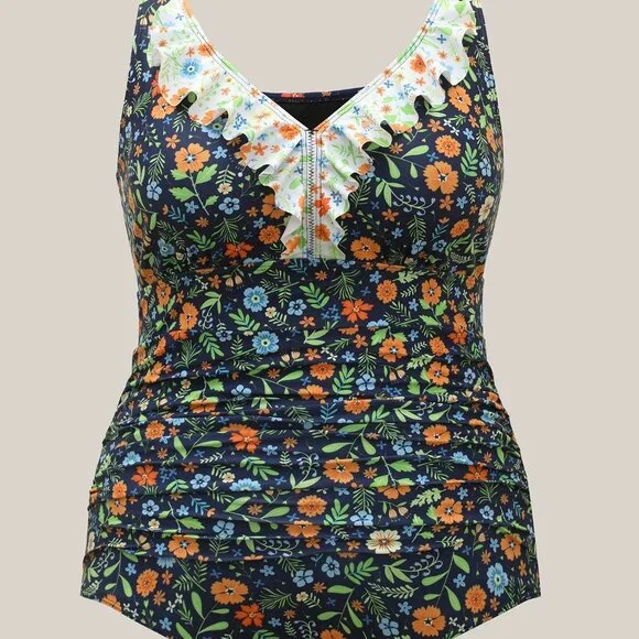 BloomChic 3X (22–24) Indigo Floral Ruffle Trim One-Piece Swimsuit NWT - Picture 5 of 10